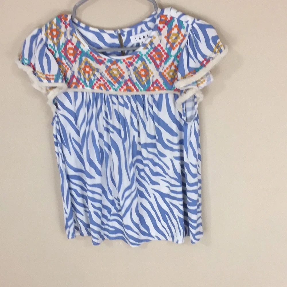 THML Anthropologie Embroidered Animal Print Blue Striped Boho Top Fringe Small